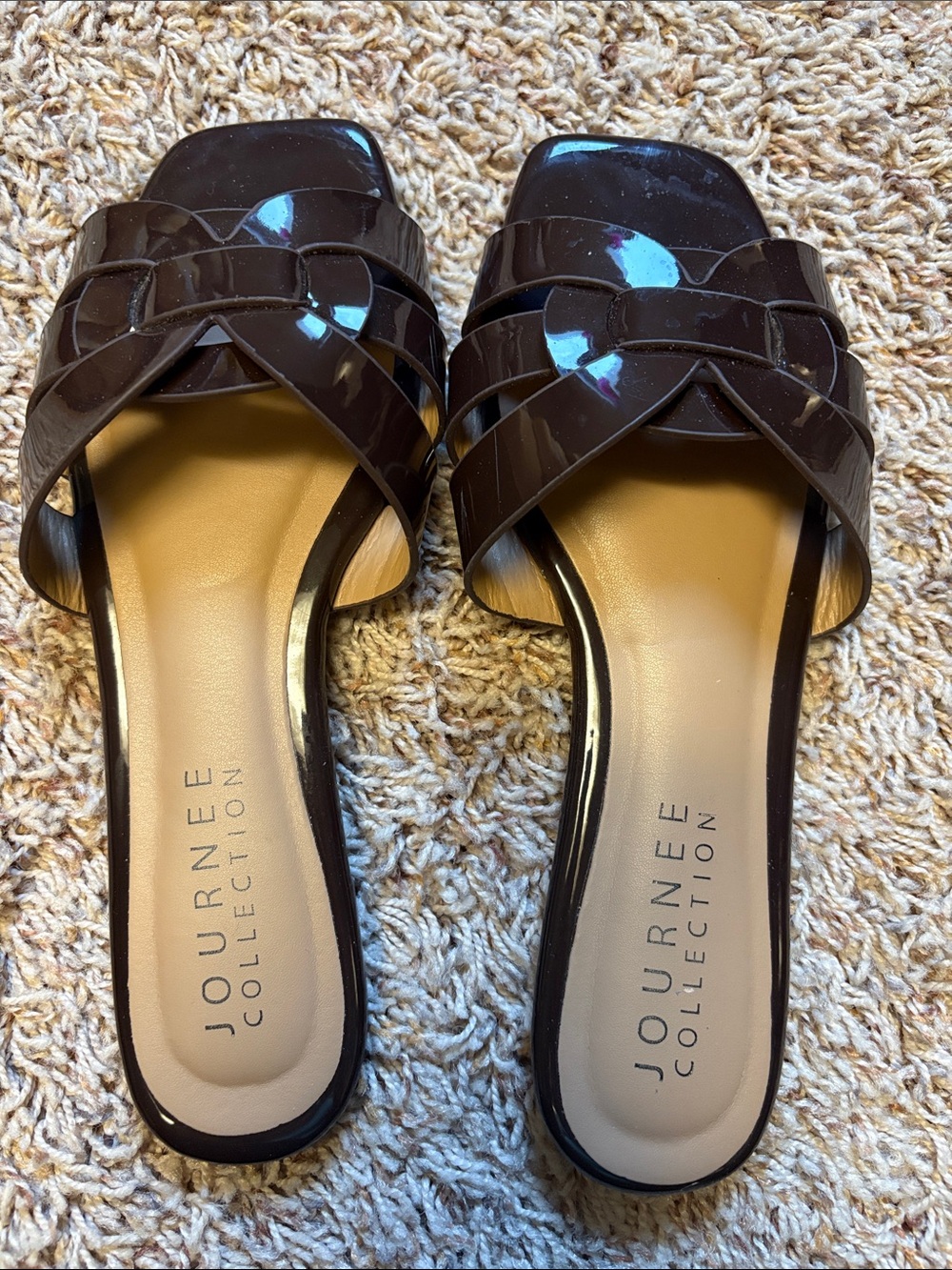 Journee Collection Dark Brown Braided Patent Slide Sandals